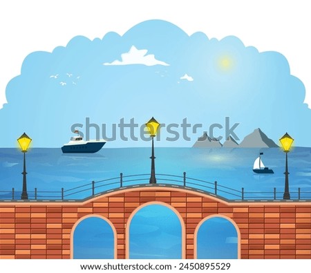 Beach and boats in the sea, suspension bridge and street lamp poles over water vector illustration