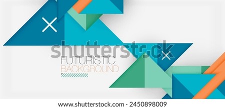The futuristic background features azure, electric blue, and aqua triangles and rectangles on a white backdrop. Symmetrical patterns of lines and circles add a dynamic touch Royalty-Free Stock Photo #2450898009
