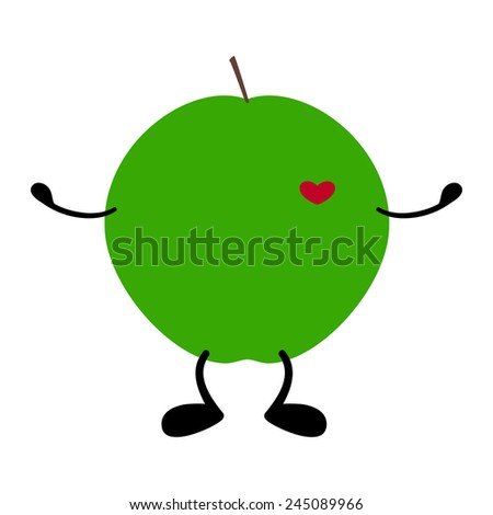 Green apple with hands, legs and heart isolated on white background. Logo template, design element for postcard, invitation. Concept of health and medical care