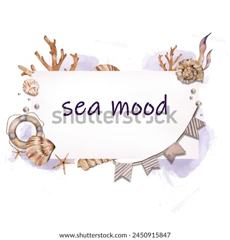 Marine-themed Invitation card. Seashells, Seaweed, Lifebuoy, Ropes, Corals, Flags. Frame. Watercolor illustration. in Lilac colors. for design invitations, postcard, travel list, logo travel agencies.