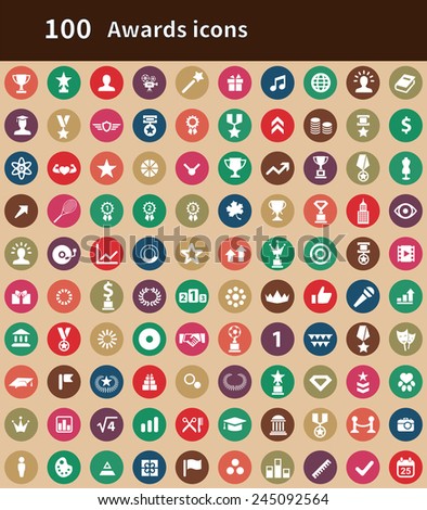 100 award icons, brown background 