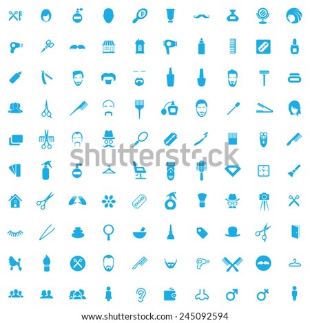 100 barbershop icons, blue on white background 