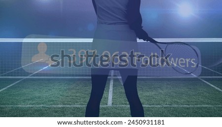 Profile icon with increasing followers over female tennis player holding a racket. sports competition and tournament concept