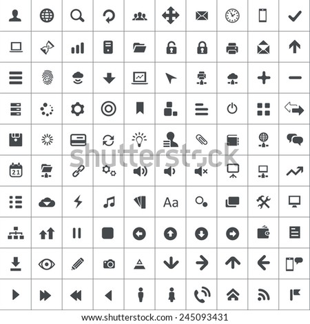 100 app icons, black on square white background 