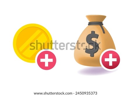 Money top up deposit icon vector graphic, flat 3d cash coin balance addition with plus sign illustration set, bank account app topup ui symbol image clip art