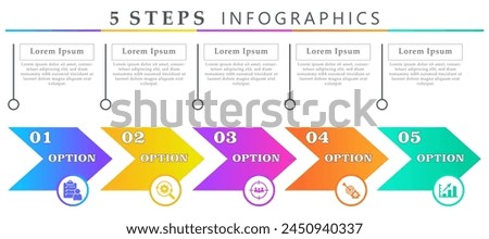 Steps infographics arrows template with 5 options and icons of survey, research, target audience, solutions and growth. For process diagram, presentations, workflow layout, banner, flow chart