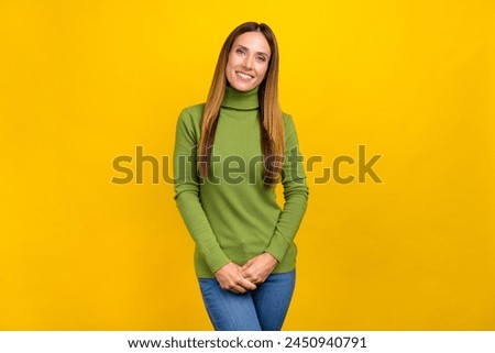 Portrait of satisfied glad girl toothy smile look camera isolated on bright yellow color background Royalty-Free Stock Photo #2450940791