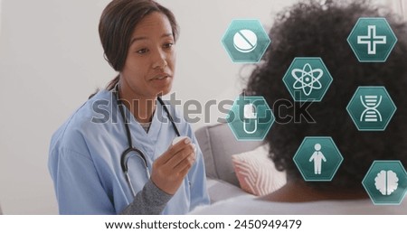 Image of medical icons over female doctor with senior woman talking. global coronavirus pandemic, medicine and healthcare concept digitally generated image.