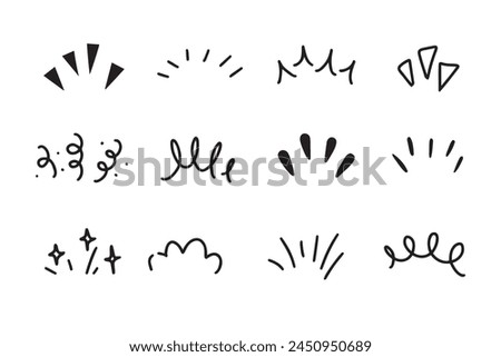 Drawings doodle set illustrations of lines showing concentrated lines, awareness, inspiration, sunburst, sun rays, surprises, etc. Vector illustration