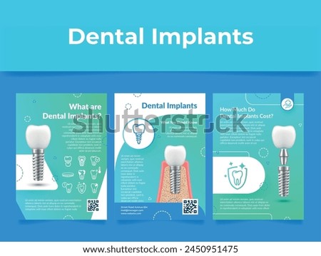Dental implants infographic information paperback poster design template set vector illustration. Dentistry stomatology artificial tooth teeth replace structure orthodontic technology medical promo Royalty-Free Stock Photo #2450951475
