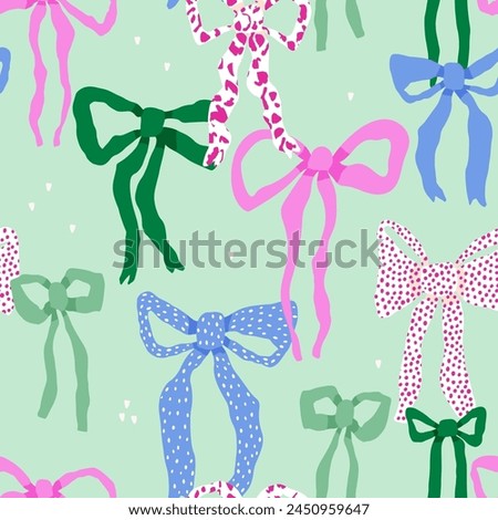 Seamless pattern with cute hand drawn bows. Girlish mint texture with colourful bows for fabric, textile, apparel. Vector illustration