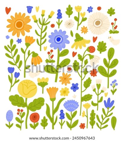 Modern blossomed flowers set. Abstract blooming floral plants and leaf. Fresh summer floristry, leaves. Nature design elements. Colored flat graphic vector illustrations isolated on white background Royalty-Free Stock Photo #2450967643