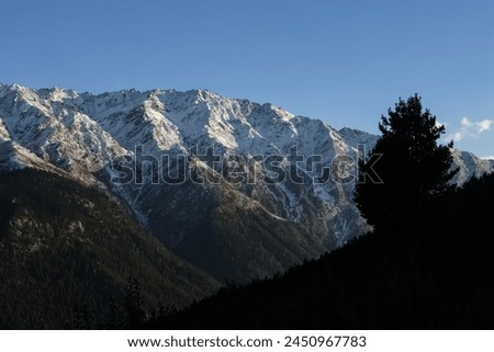 Landscape of the mountains. View of snow covered mountains with blue sky, white cloud with  trees on the slopes of mountains at Kashmir.