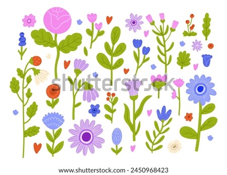 Modern blossomed flowers set. Abstract blooming floral plants and leaf. Fresh summer floristry, leaves. Nature design elements. Colored flat graphic vector illustrations isolated on white background Royalty-Free Stock Photo #2450968423