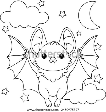 Cute kawaii cartoon character bat on the night sky coloring page, vector printable worksheets for preschool.