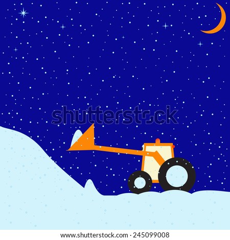 Childlike illustration of snowy winter evening with clear sky, stars and moon and little funny tractor with snowdrift in scoop