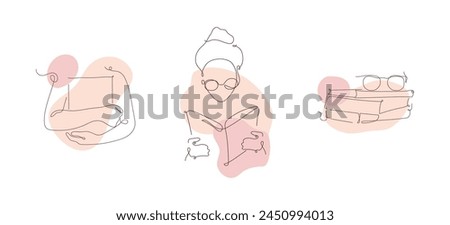 Boho clip art design elements with continuous one line drawing. Minimalist modern illustration with book,  glasses on books, girls holding book line art. Vector