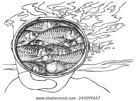 Diver in mask with fish under water on white background, vector illustration drawing stylized engraving