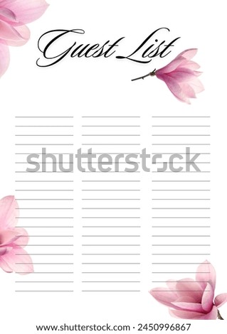 Guest list design with beautiful flowers and empty lines