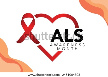 Als awareness month. Vector banner for social media, card, poster. Illustration with text ALS awareness month, amyotrophic lateral sclerosis. Red striped ribbon on a white and red background