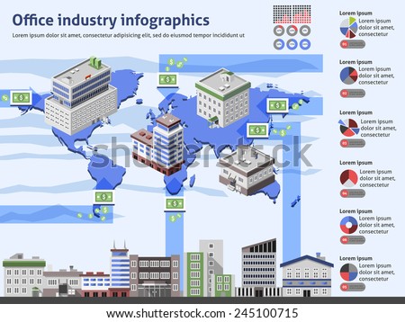 Office industry infographics with business buildings world map and charts vector illustration