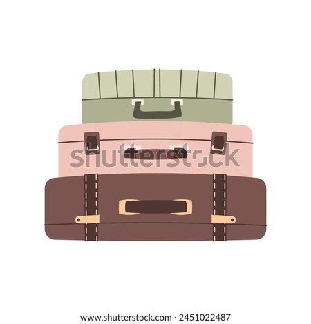 Pile of travel bags on isolated background. Suitcases for tourism and summer holidays. Hand-drawn in trendy style. Colorful flat vector illustration