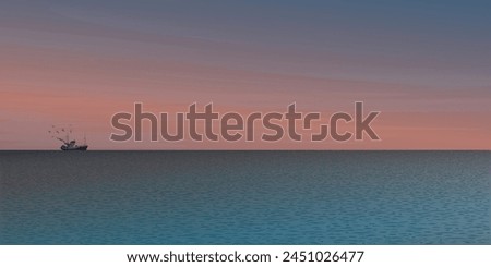 Seascape with fishing boat followed by seagulls at skyline vector illustration have dramatic sky background. Sunset at tropical blue sea concept.
