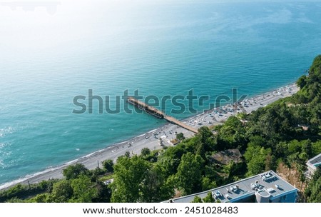 Aerial view of serene beach with long pier, azure waters, and vibrant beachgoers dotting shoreline