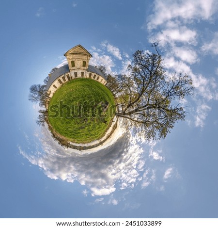 little planet and spherical aerial 360 panorama view on street ancient medieval castle with church and historic buildings with columns Royalty-Free Stock Photo #2451033899