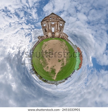 little planet and spherical aerial 360 panorama view on street ancient medieval castle with church and historic buildings with columns Royalty-Free Stock Photo #2451033901