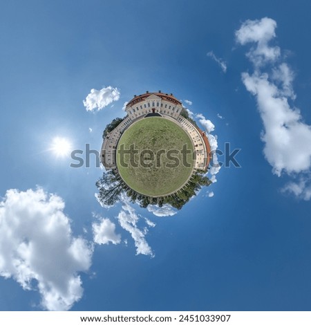 little planet and spherical aerial 360 panorama view on street ancient medieval castle with church and historic buildings with columns Royalty-Free Stock Photo #2451033907