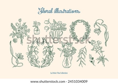 Minimalist hand drawn botanical vector illustration collection. Art for greeting cards, wedding invitations, poster design, postcards, branding, logo design, background.