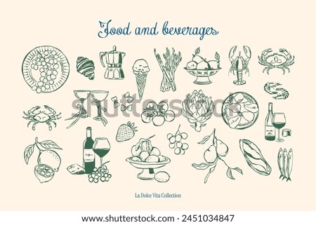 Minimalist hand drawn food and drinks vector illustration collection. Art for greeting cards, wedding invitations, poster design, postcards, branding, logo design, background.