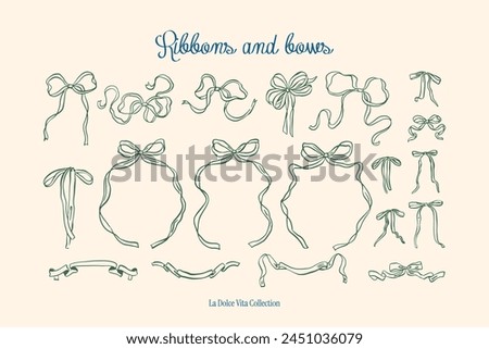 Minimalist hand drawn ribbons and bows vector illustration collection. Art for greeting cards, wedding invitations, poster design, postcards, branding, logo design, background.