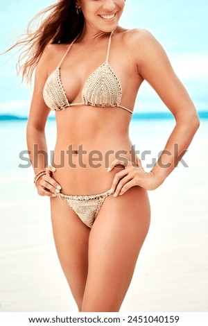 Woman, body and bikini at beach or happy on holiday, summer vacation and relax on tropical island. Tourist, swimsuit or person with smile at seaside for sun tan, clean air or fun in nature on weekend