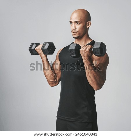 African man, weights and fitness with workout, training and sport for health and wellness. Athlete, iron dumbbells and exercise with commitment, cardio and vitality isolated on white background