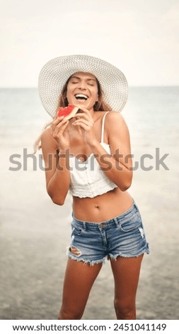 Travel, vacation and girl in beach, watermelon and water of nature, relax and fruit for diet in trip. Happiness, summer and holiday for tourist in Maldives, tropical and nutrition for health and body