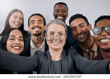 Senior woman, business people and selfie in office, portrait and smile for diversity, solidarity or teamwork. Mature leader, group and happy for memory, profile picture or excited at financial agency