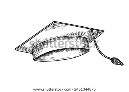Graduate hat sketch. Hand drawn flying university cap in etching style. Academic hat monochrome illustration