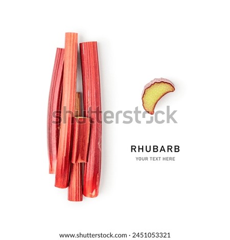Fresh raw rhubarb stem and slice isolated on white background. Creative layout. Spring vegetable composition. Design element. Top view, flat lay
