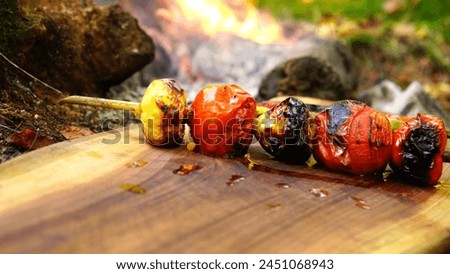 Shish kebab made of fresh veggies by hand with stick skewers on wooden board. Some ultimate spice mix and awesome grilled vegetables. Blurry background and copy space.