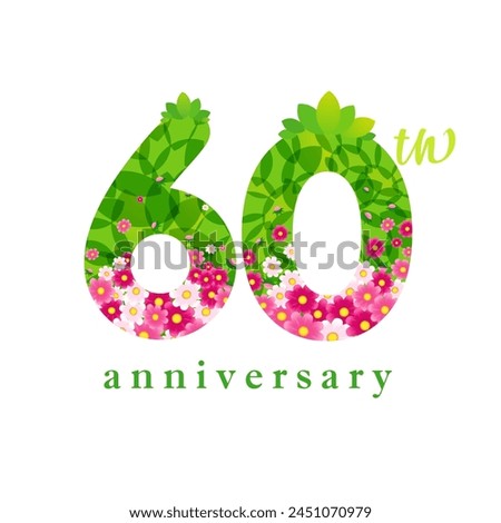 Decorative number 60 with spring blossom backdrop. Business icon with clipping mask. Happy 60th anniversary creative greetings. Holiday design. Symbol of nature. Creative 6 and 0, O logo concept.