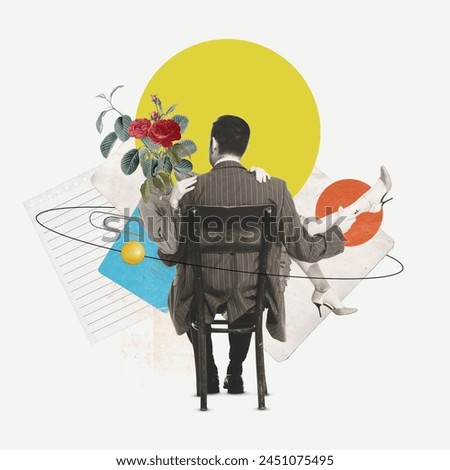 Romantic vibe. Man in a sui sitting on chair with his lovely wife on light background with abstract elements. Contemporary art collage. Concept of surrealism, creativity, retro style, inspiration