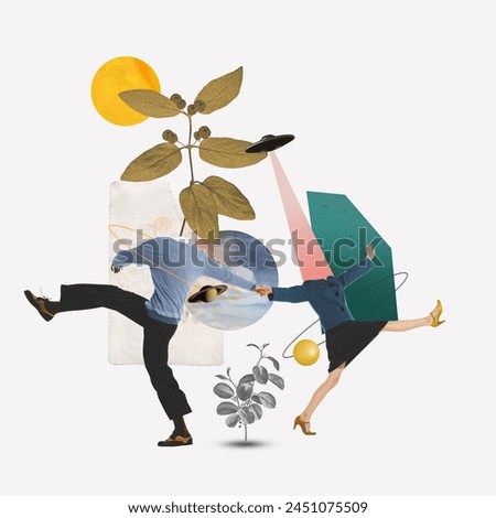 Man and woman holding hands and walking in different direction with floral and planet elements on light background. Contemporary art collage. Surrealism, creativity, retro style, imagination concept