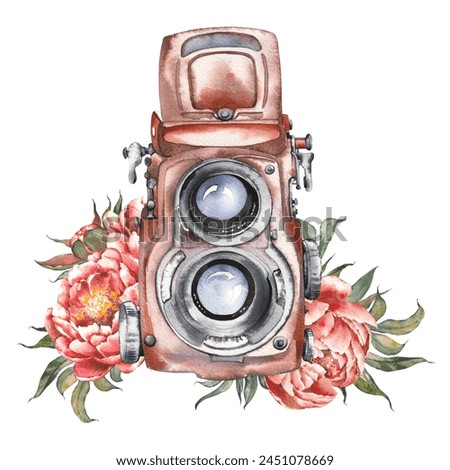 Old retro camera with pink peony flowers. Isolated watercolor clip art. Hand painted illustration.