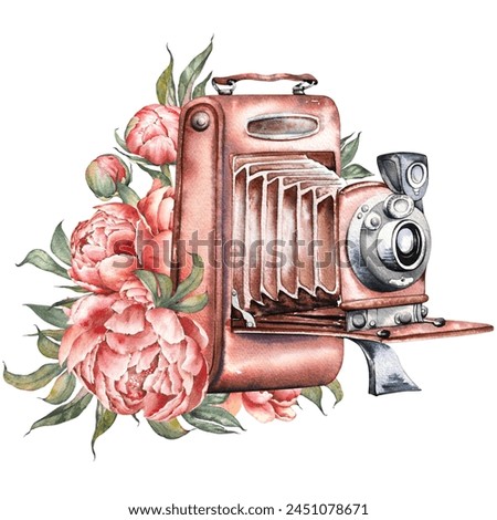Old retro camera and peony flower arrangement. Isolated watercolor clip art. Hand painted illustration.