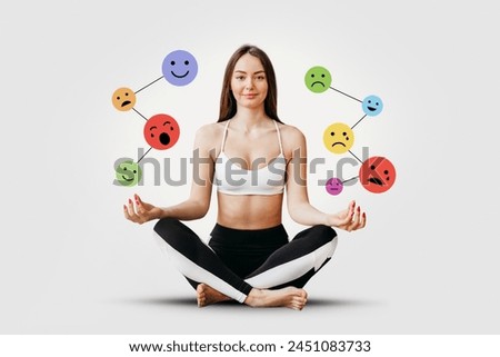 the girl sits in the lotus position on white background with smiley faces above her head. Mood and Mental health concept