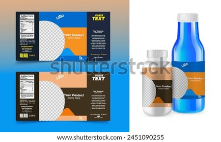 A product label with a colorful gradient background and a white plastic bottle mockup.