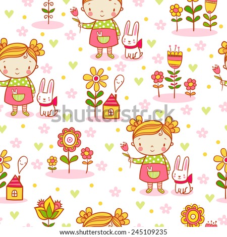 Cute cartoon girl seamless pattern with a girl, bunny, flowers. Vector background  in stylish colors can be used for wallpapers, surface textures,  pattern fills.