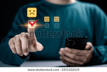 Customer Experience dissatisfied Concept, Unhappy man customer giving sadness emotion face on online survey, Bad review, bad service dislike bad quality, low rating, social media not good.
